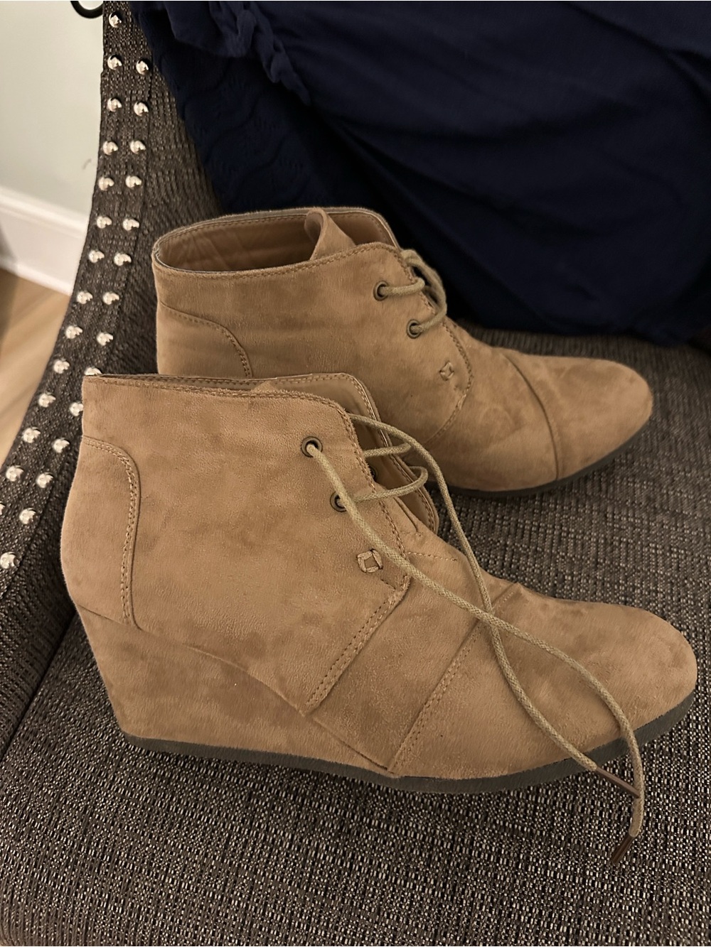 Pierre Dumas Lace-Up Wedge Ankle Boots in Taupe suede